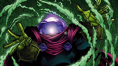 Tạo hình của Mysterio trong truyện tranh với mũ hình bể cá , áo choàng đỏ