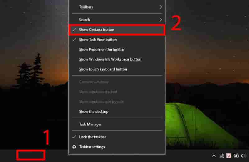 Hiển thị biểu tượng Cortana trên thanh Taskbar