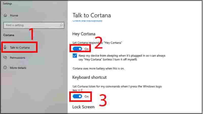 Bật chức năng Hey, Cortana và Windows + C