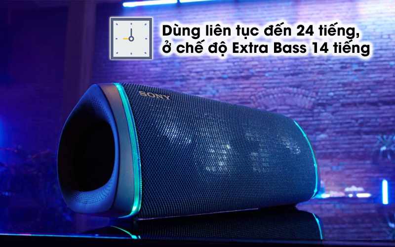 Loa Bluetooth Sony Extra Bass SRS-XB43 có thời lượng pin lên đến 24 tiếng và 14 tiếng khi dùng với chế độ Extra Bass
