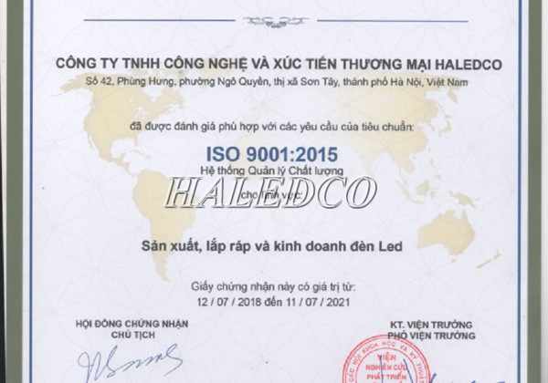 Chứng nhận ISO 9001:2015 của công ty đèn LED Haledco