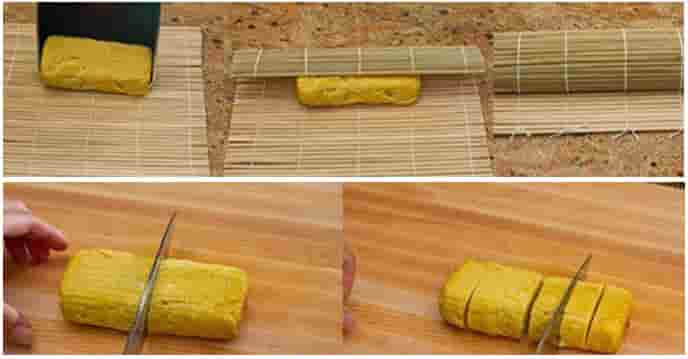 Cách làm trứng cuộn Nhật Bản - cuộn trứng vào mành trư rồi cắt